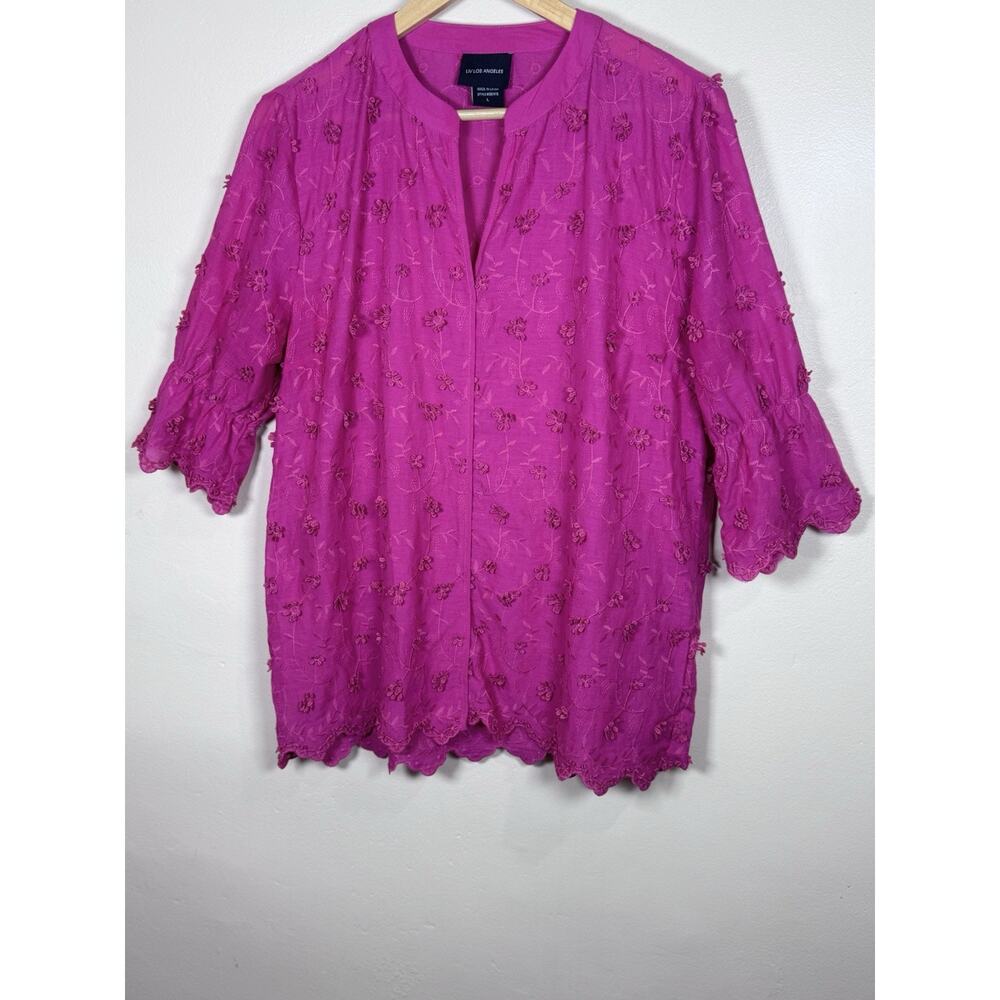 LIV Los Angeles Women Blouse Top Shirt Embroidered Boho 100% Cotton Pink Beach